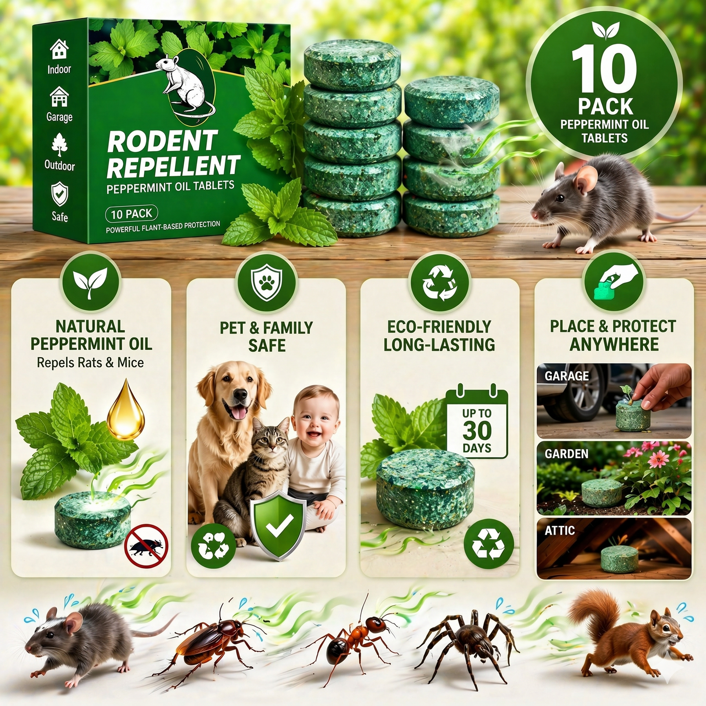 Last Day 50% OFF🟢 Natural Peppermint Rodent Repellent Tablets – 12 Pack
